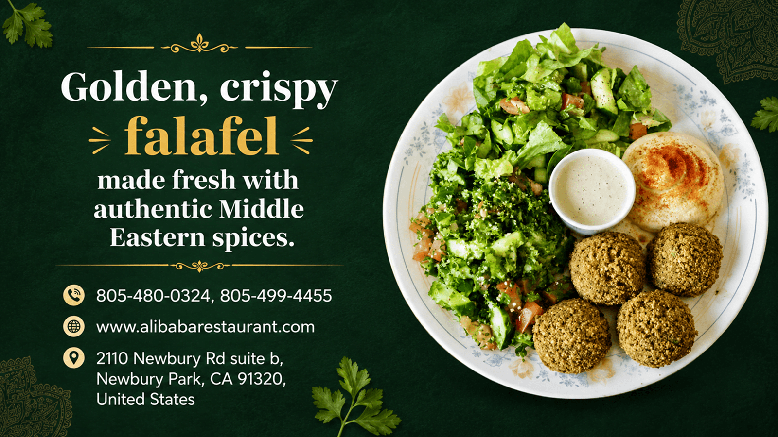 Golden crispy falafel platter in Newbury Park